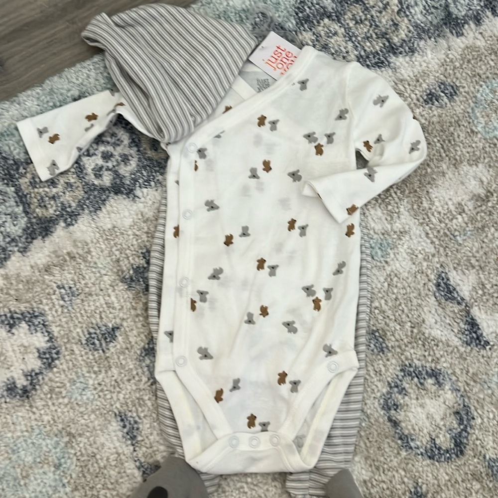 3 month , three piece set, hat, onesie, and pants, gray white, and brown